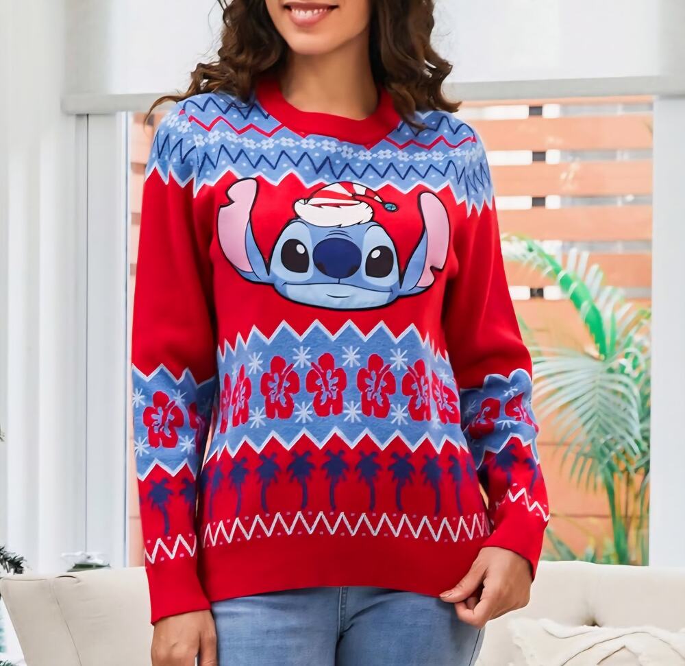 Disney Stitch Crew Neck Pullover Christmas Sweater women's size S red blue New